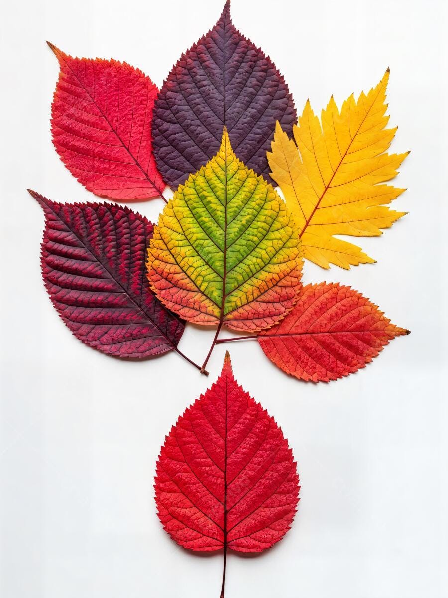 Folhas de outono coloridas arranjadas artisticamente em fundo branco