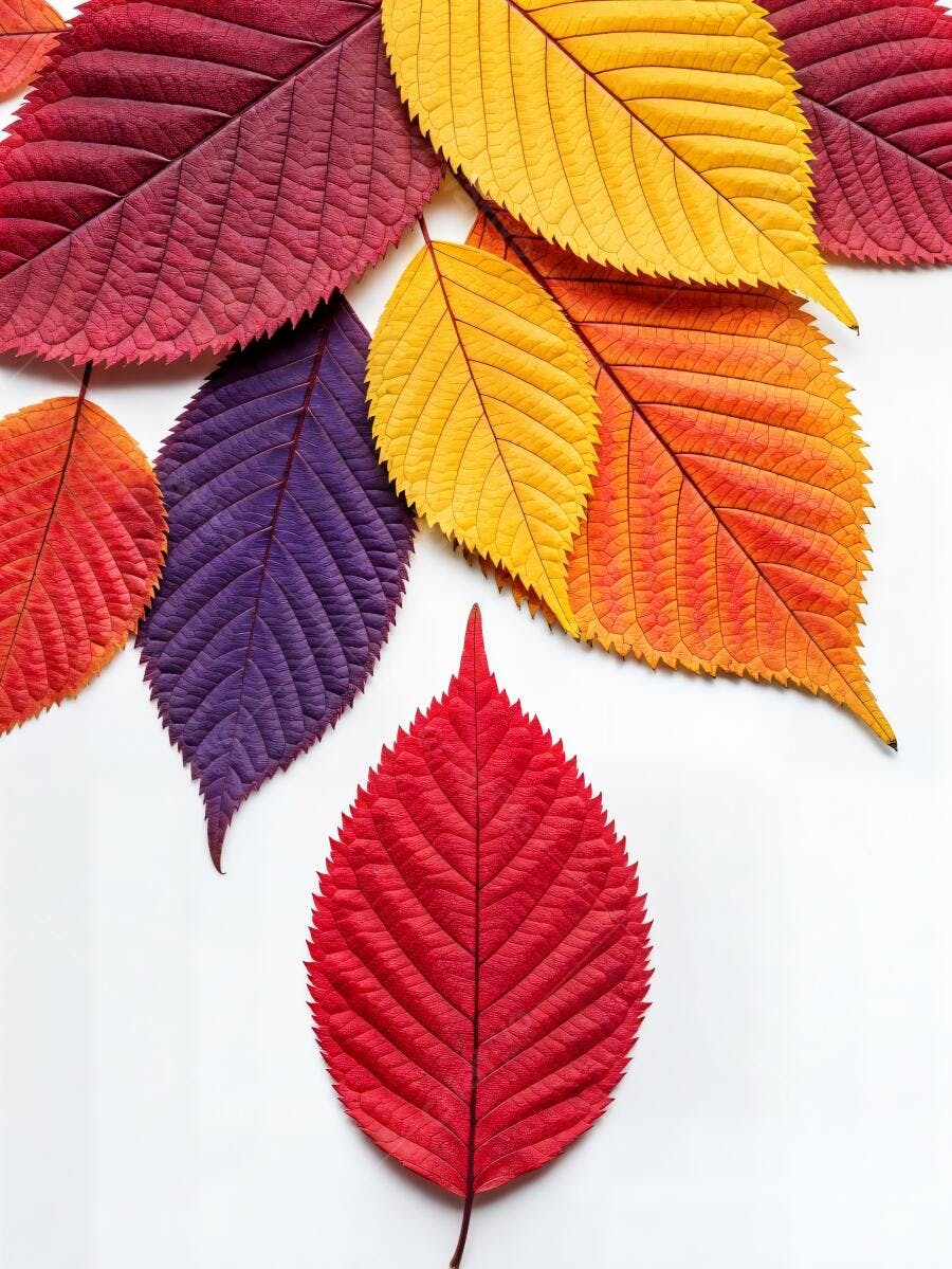 Folhas de outono coloridas em tons de vermelho amarelo e roxo sobre fundo branco