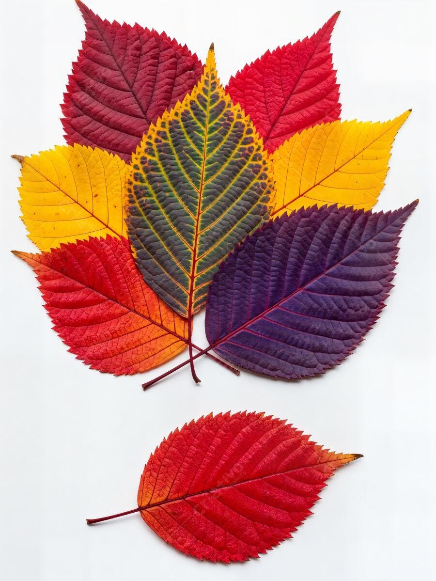 Folhas de outono coloridas vibrantes sobre fundo branco