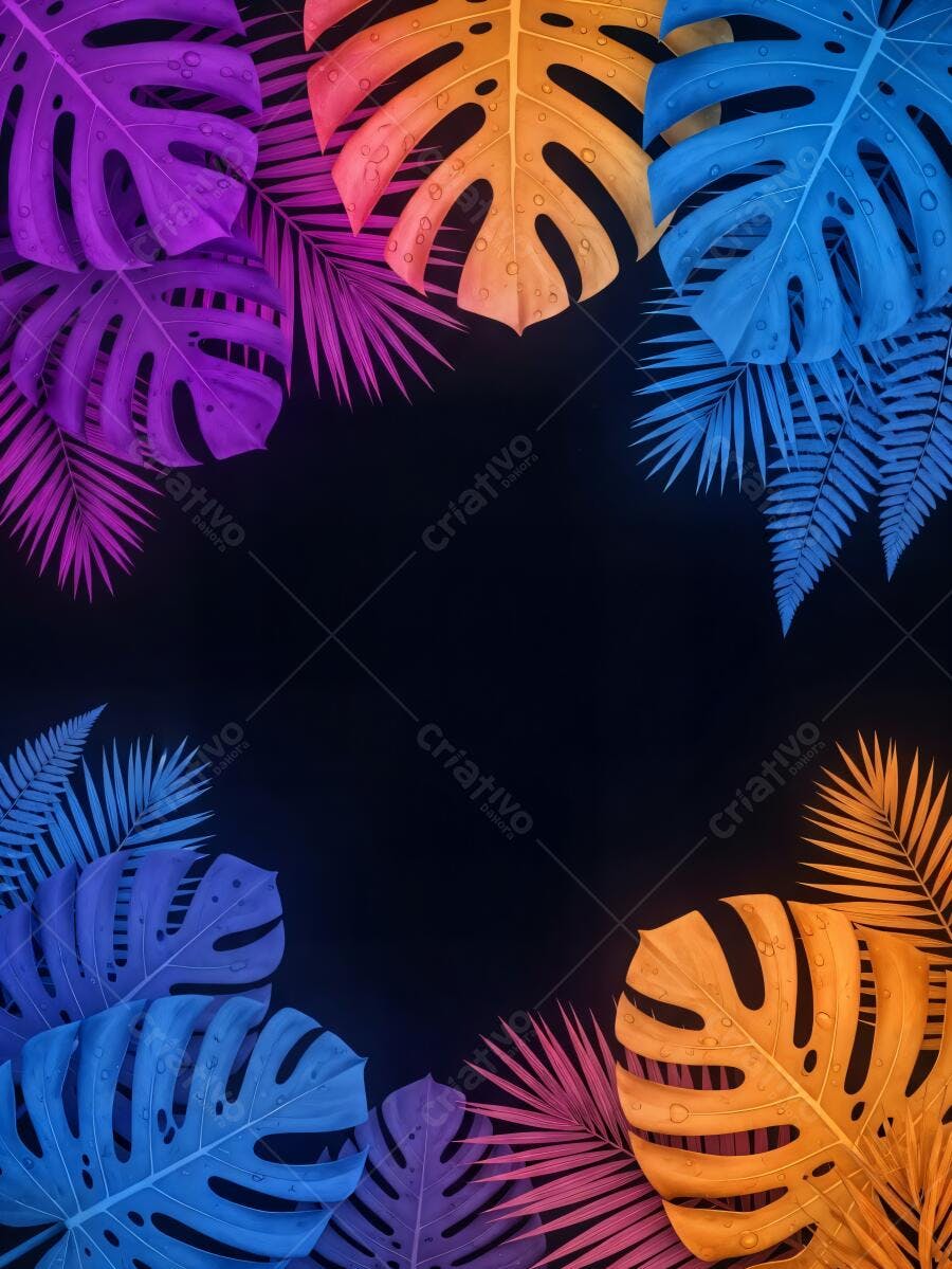 Folhas tropicais vibrantes neon com gotas d'água em fundo preto