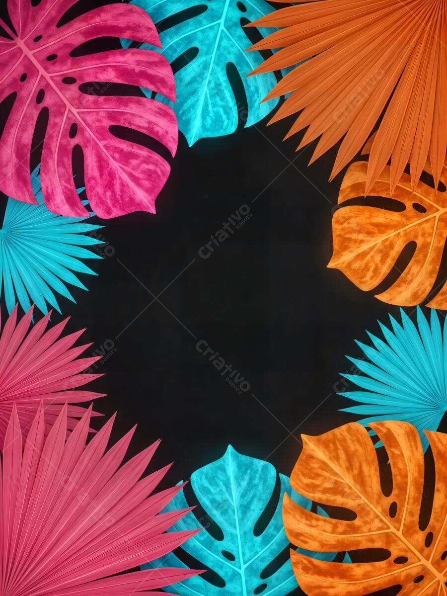 Folhas tropicais neon rosa azul laranja em fundo preto vibrante