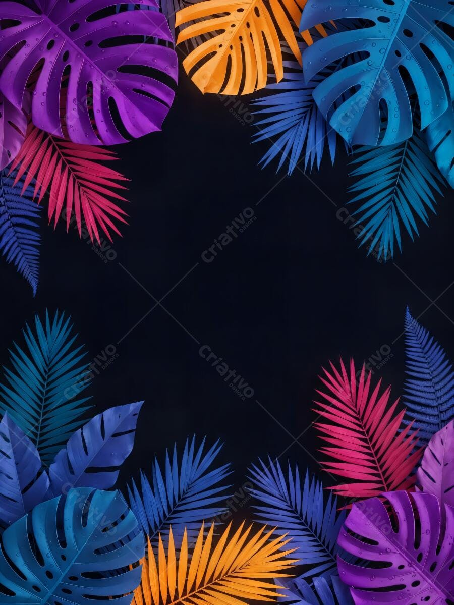 Folhas tropicais neon vibrantes roxas azuis alaranjadas com gotas de água em fundo escuro