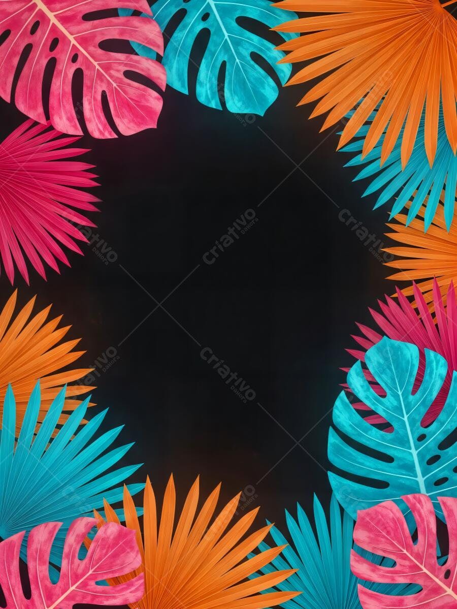 Moldura de folhas tropicais coloridas rosa azul laranja em fundo preto