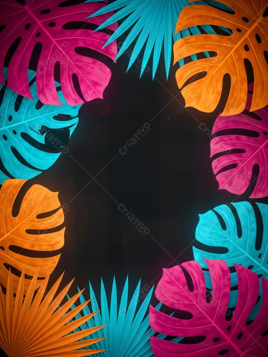 Folhas tropicais vibrantes em moldura colorida fundo escuro
