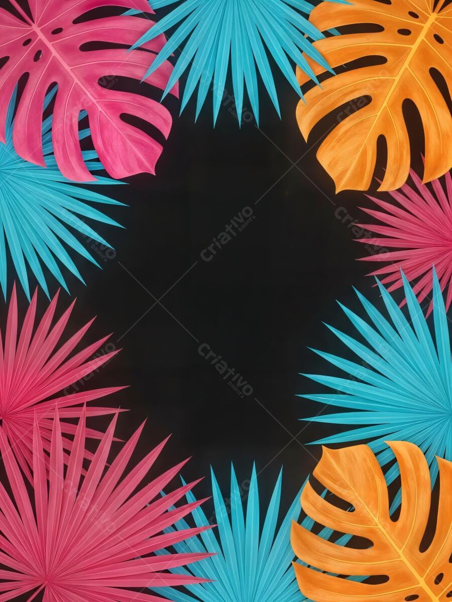 Folhas tropicais coloridas rosa azul laranja formando borda em fundo preto