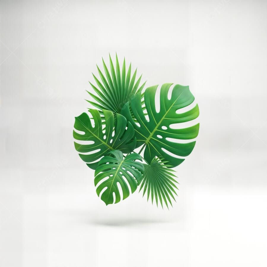 Folhas tropicais verdes flutuando em fundo branco minimalista