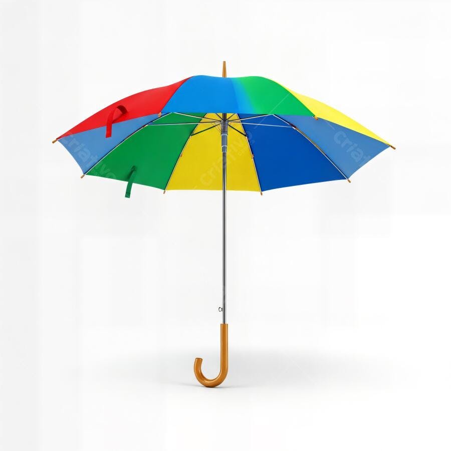 Guarda-chuva colorido com painéis primários em fundo branco isolado