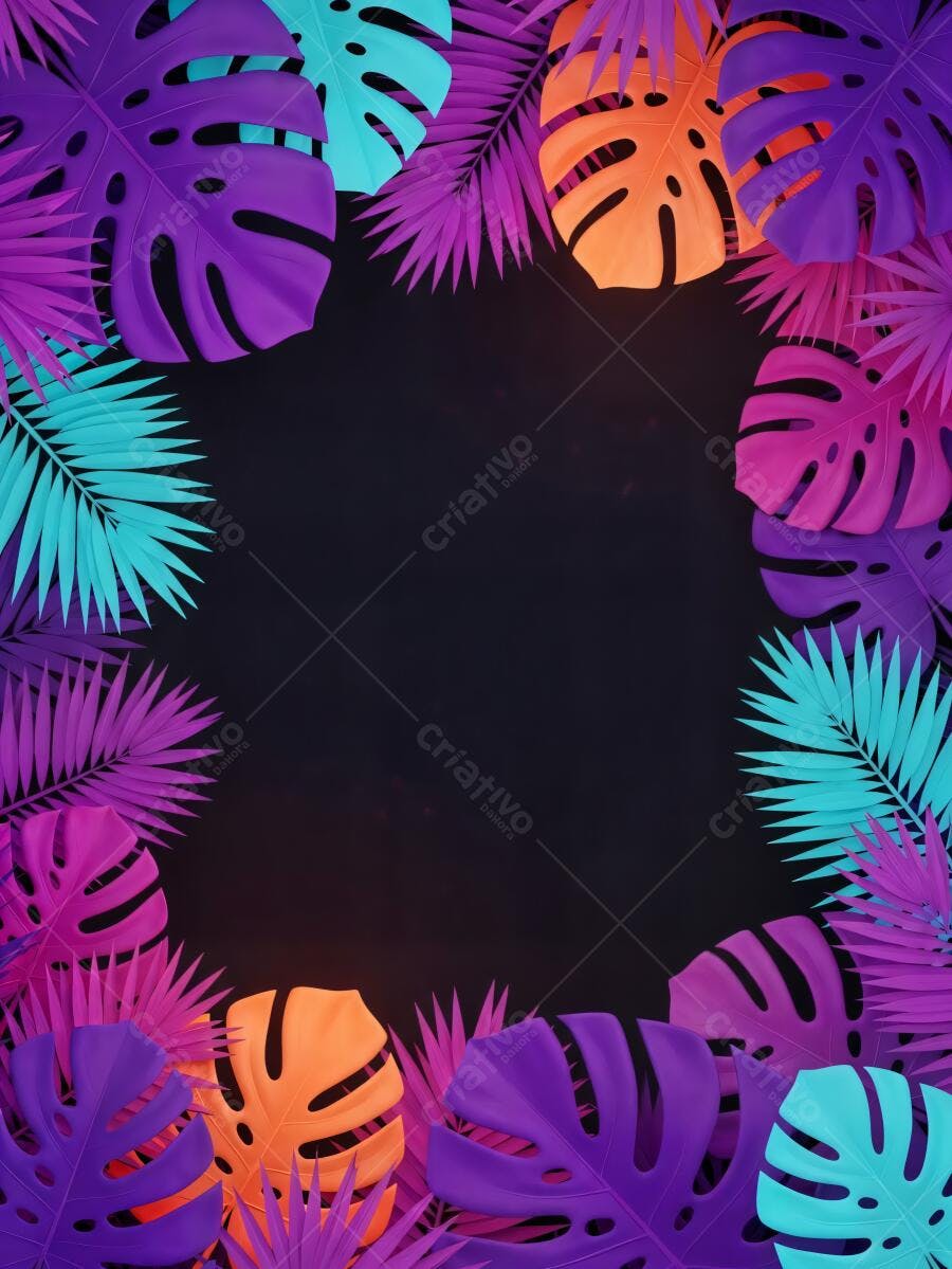 Folhas tropicais vibrantes roxas laranjas azuis em fundo escuro