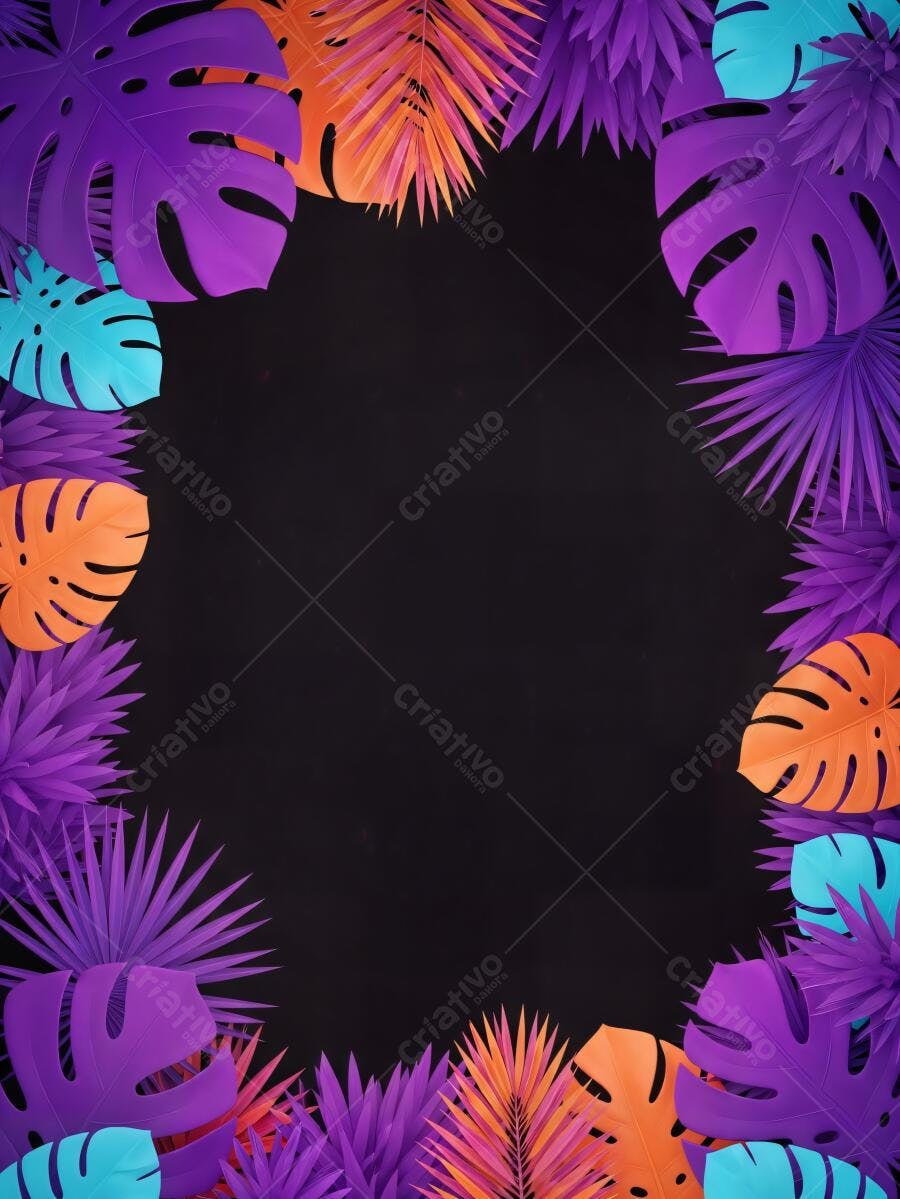 Folhas tropicais roxas laranjas e azuis em moldura vibrante fundo preto