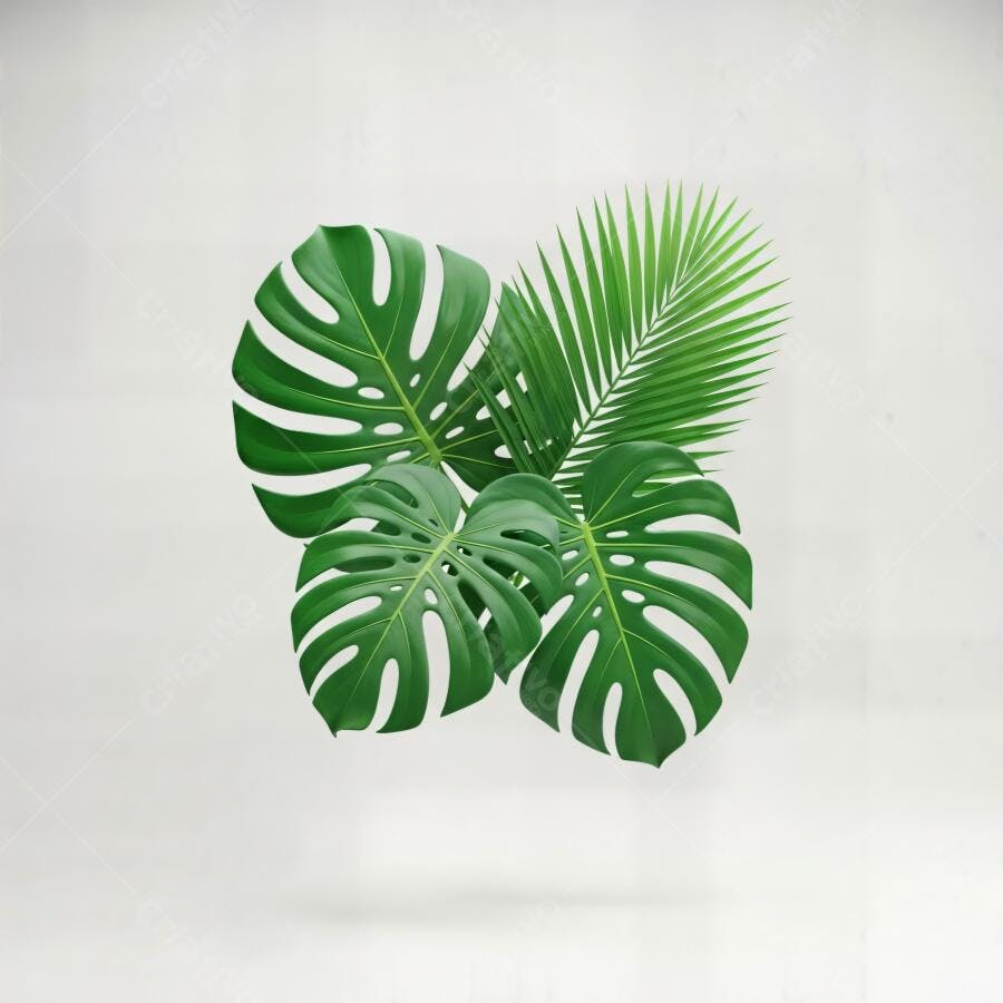 Folhas tropicais verdes Monstera e palmeira em fundo branco limpo