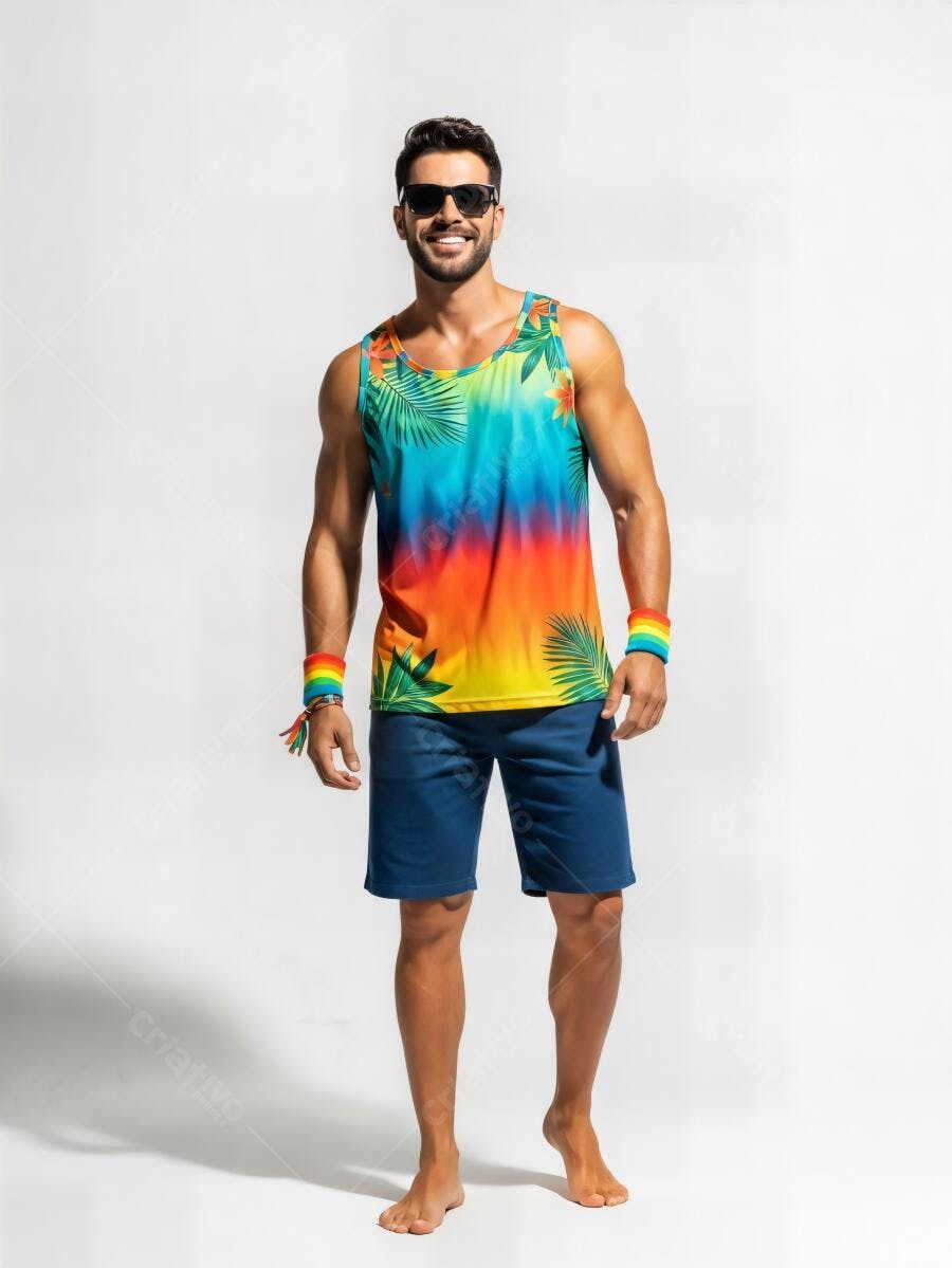 Homem sorridente com regata tropical colorida e óculos de sol em estúdio