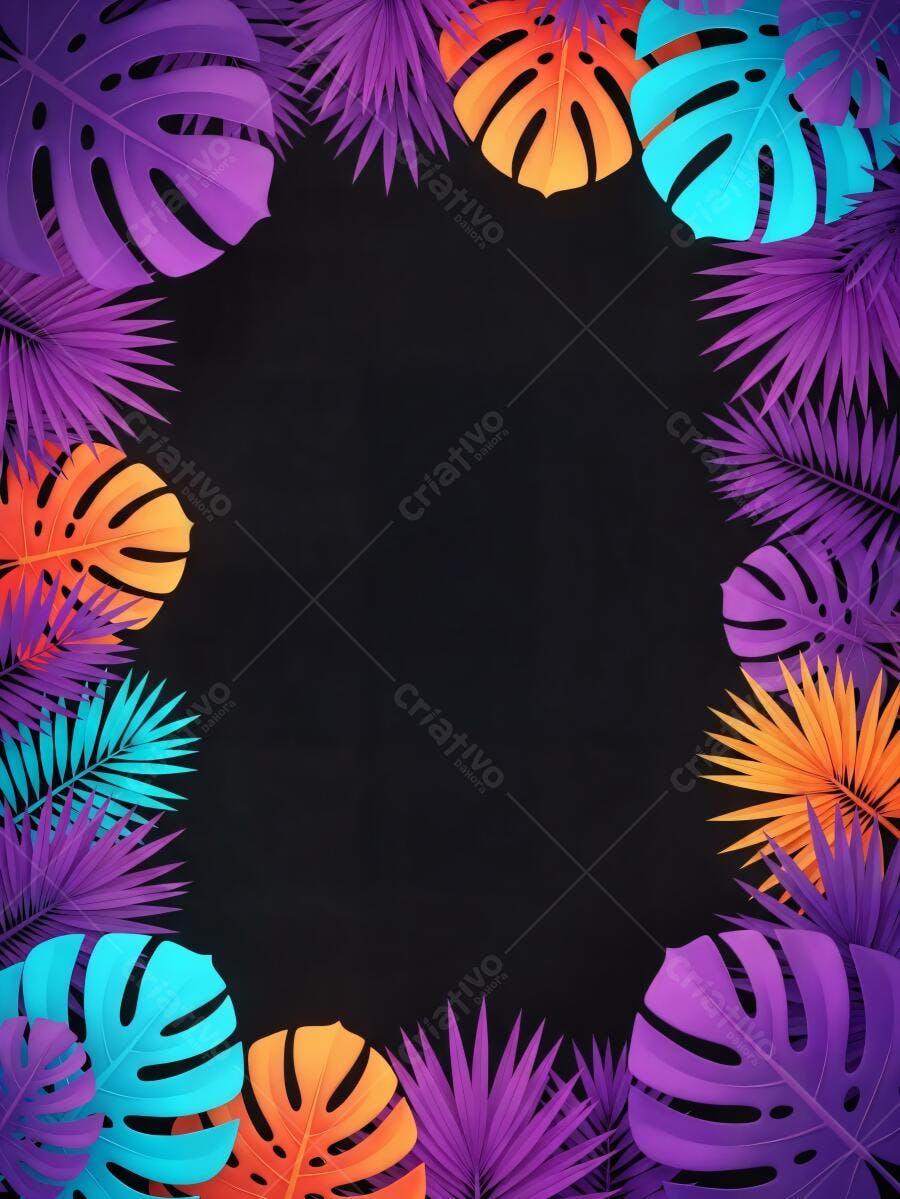 Folhas tropicais roxas laranjas e azuis moldura vibrante verão fundo preto