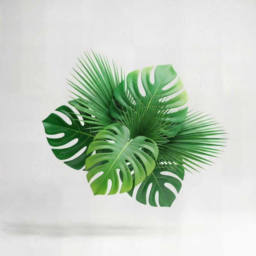 Folhas tropicais verdes Monstera e palmeira em fundo branco minimalista