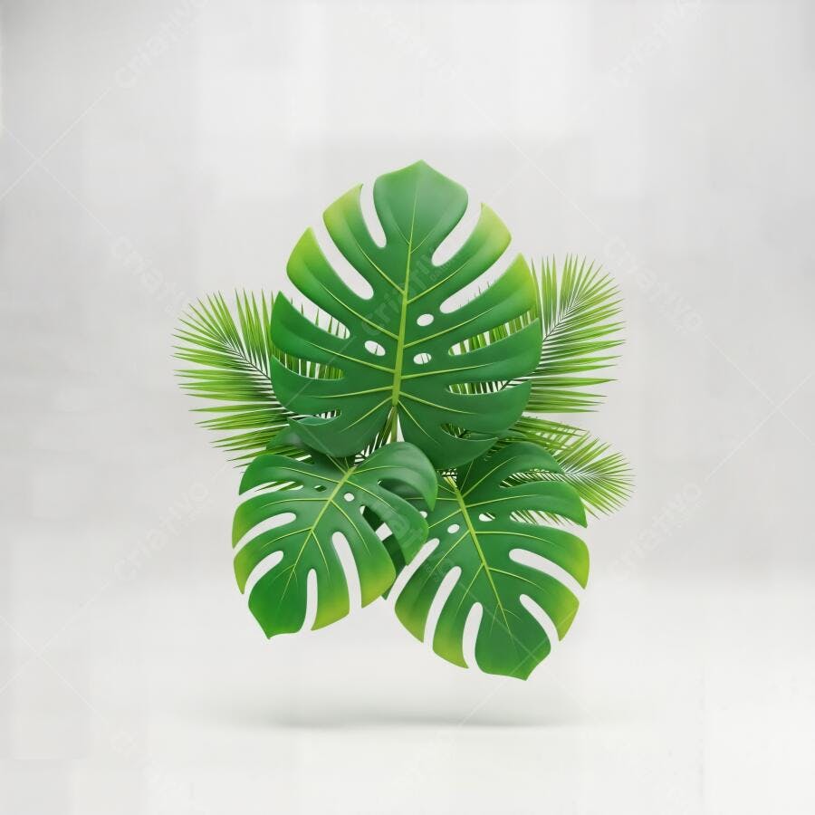 Folhas Monstera e palmeira verdes flutuando em fundo branco minimalista
