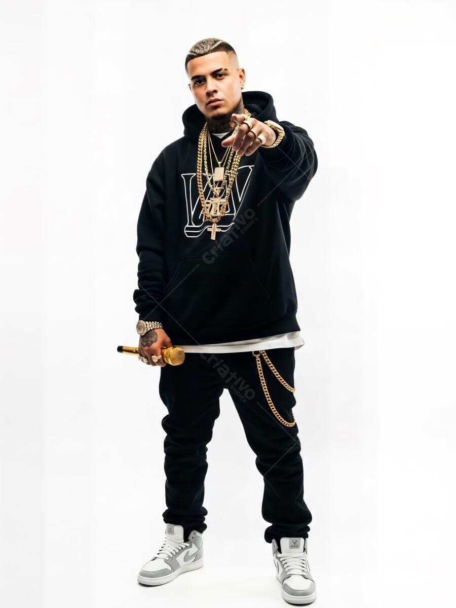 Rapper latino com microfone dourado apontando para a câmera em estúdio