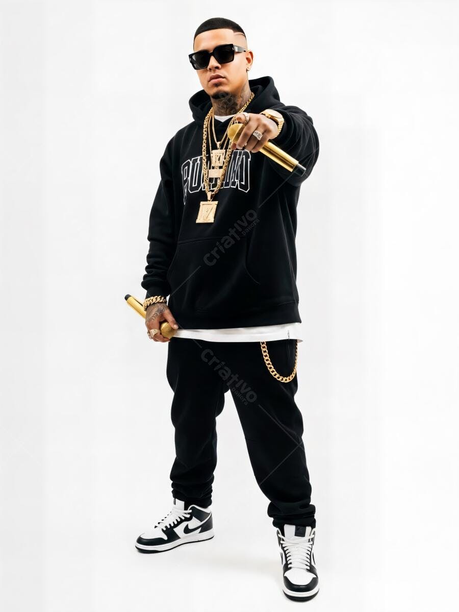 Homem tatuado rapper com óculos escuros segurando microfone dourado em estúdio branco