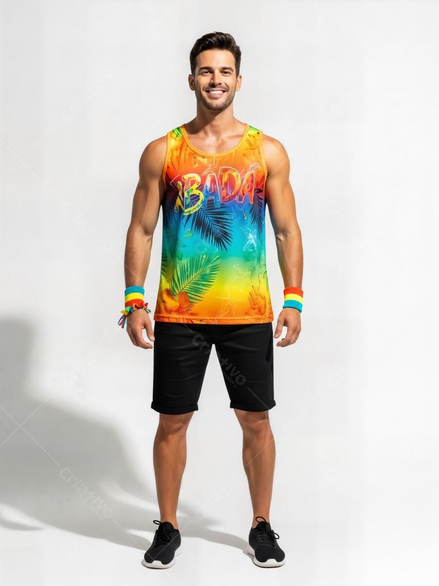 Homem jovem sorrindo com abadá colorido para carnaval e festas de verão