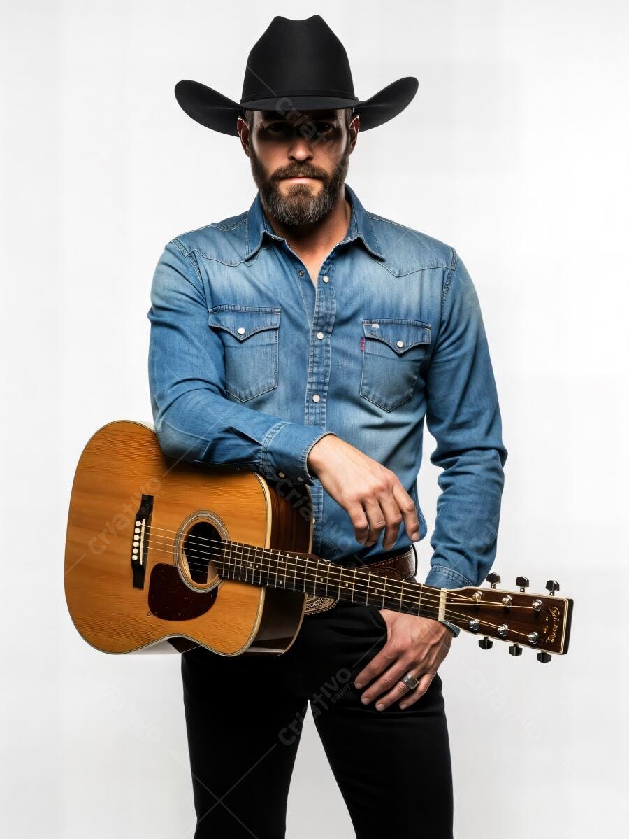 Cowboy barbudo com chapéu preto e camisa jeans posando com violão