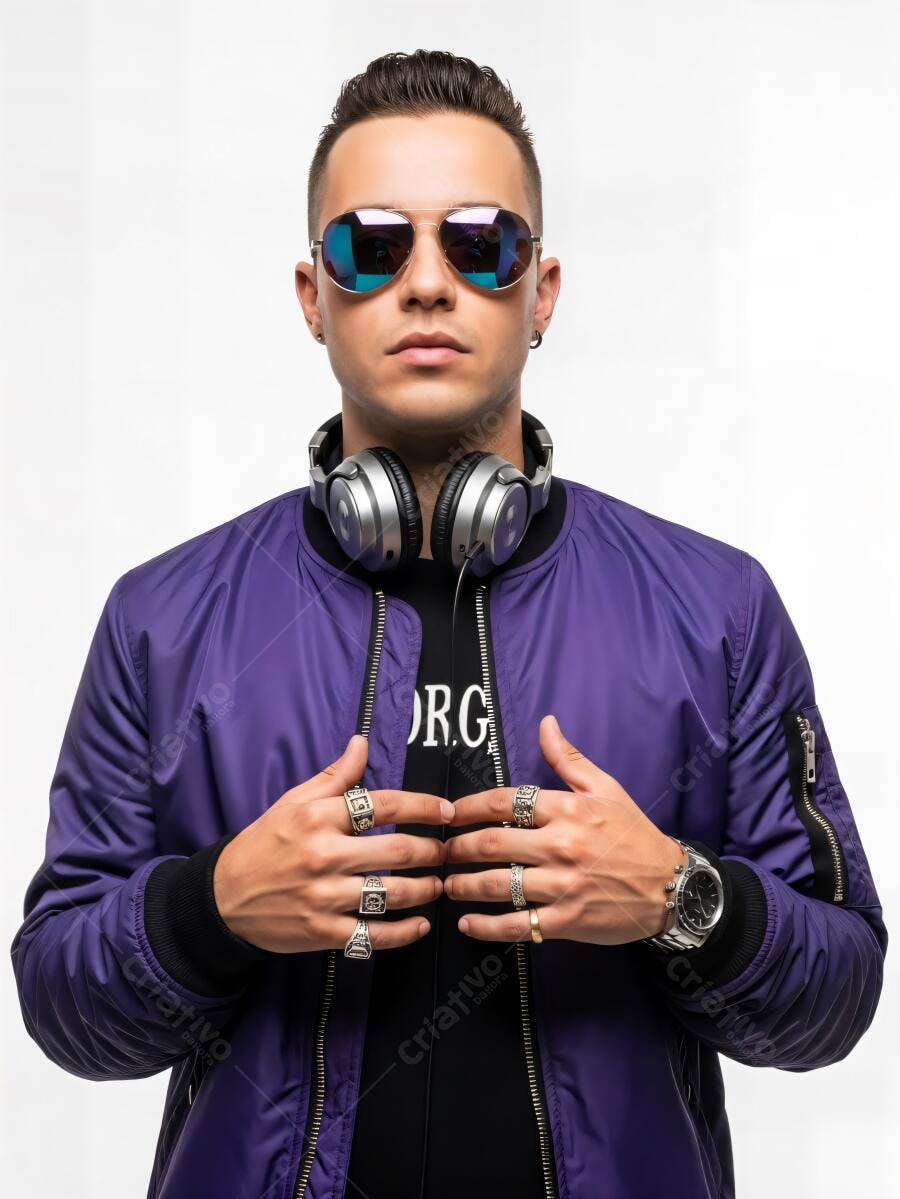 Jovem homem estilo DJ confiante jaqueta roxa óculos de sol e fones de ouvido