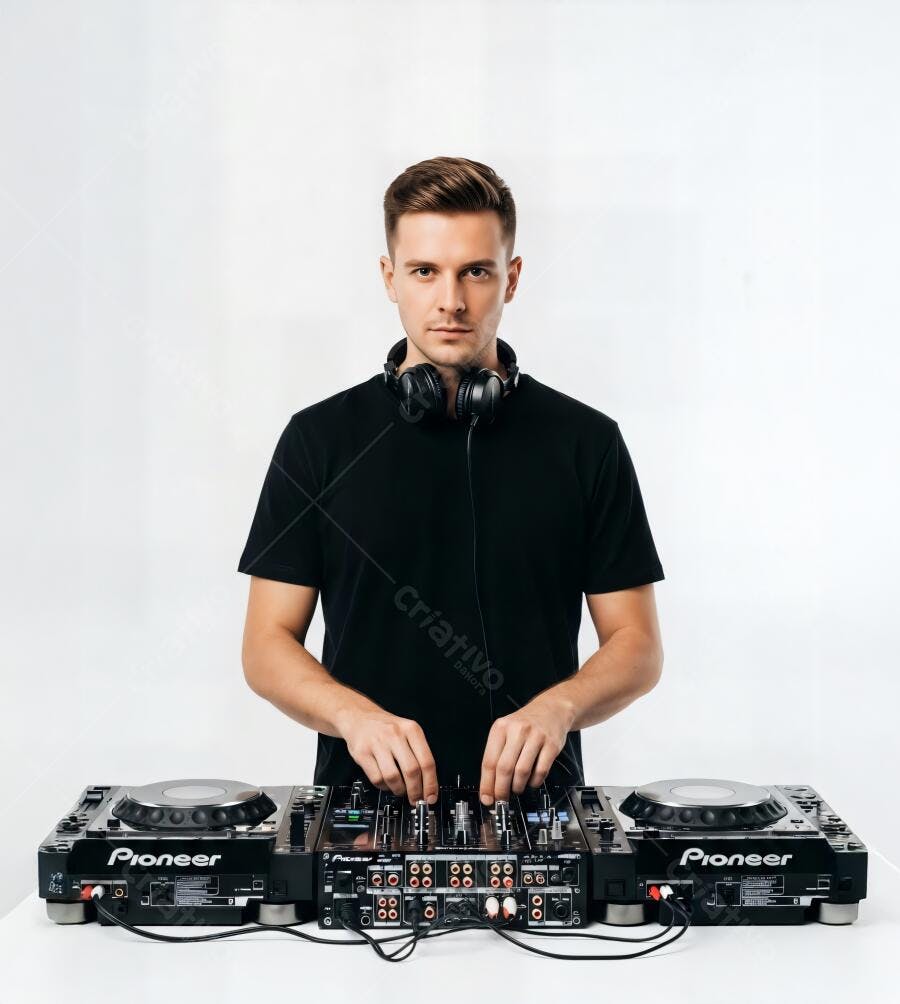 Homem DJ caucasiano com fones de ouvido pretos operando equipamento Pioneer em estúdio branco
