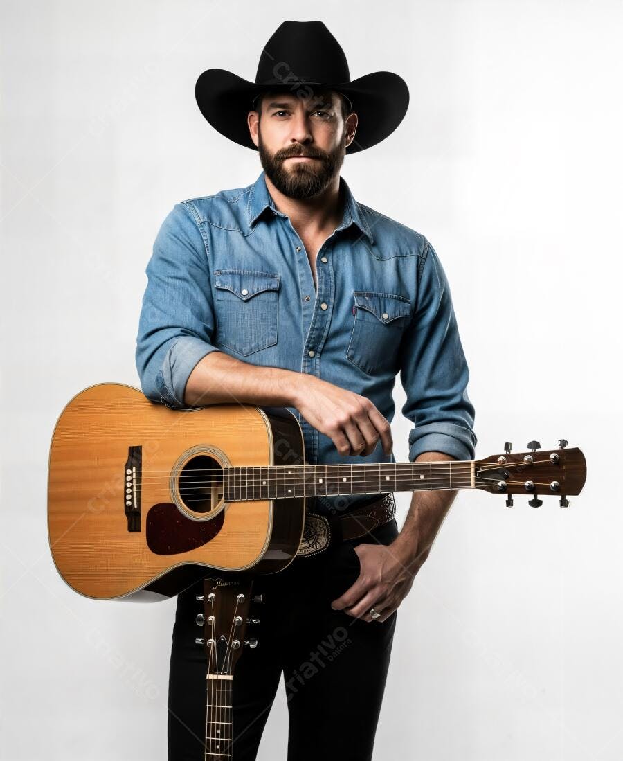 Homem caucasiano músico country com chapéu preto e violão em estúdio