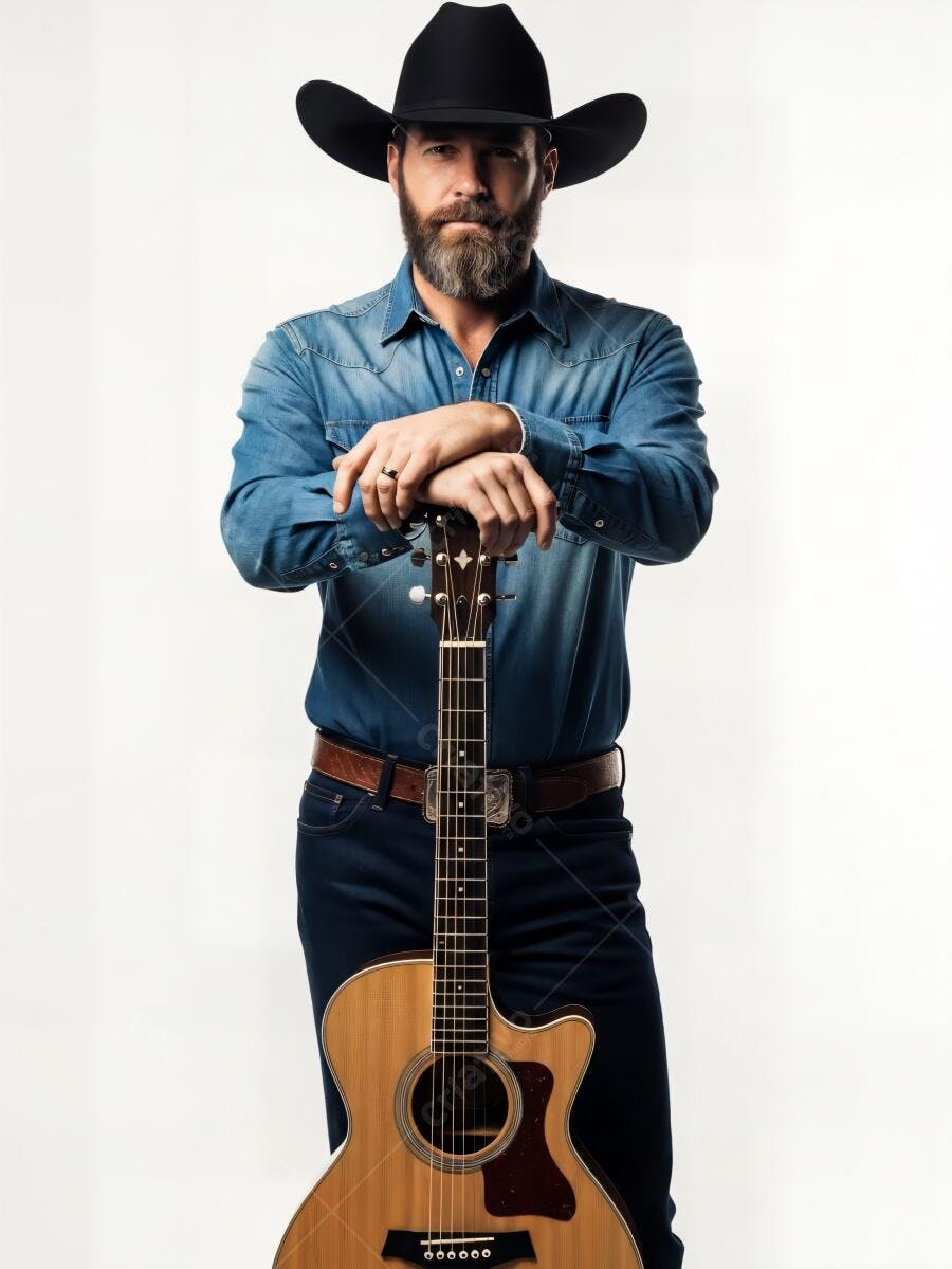 Músico country barbudo com chapéu preto e violão em estúdio