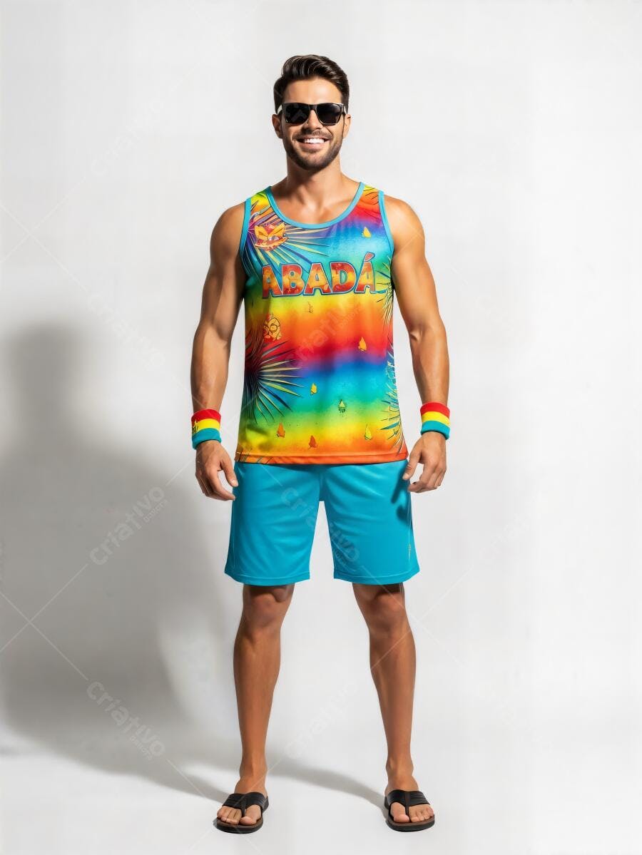 Homem feliz de abadá colorido e shorts azuis para carnaval