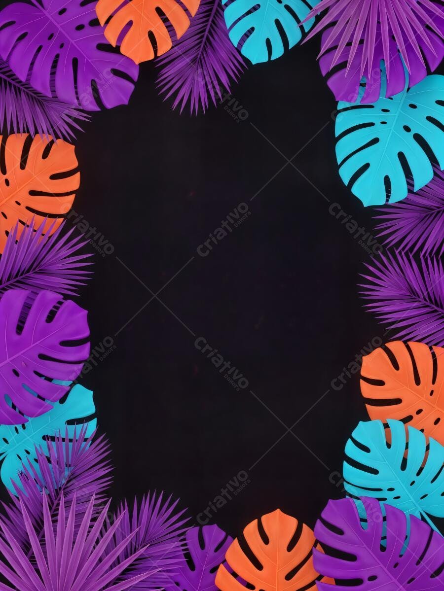Folhas tropicais coloridas de Monstera e palmeiras em fundo escuro