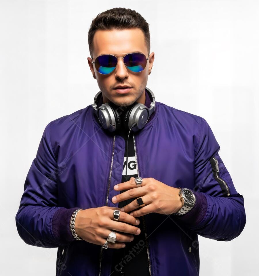 DJ homem jovem com jaqueta roxa óculos de sol e fones de ouvido em estúdio