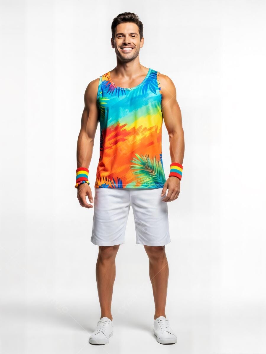 Homem sorridente em regata tropical colorida e pulseiras arco-íris em estúdio branco
