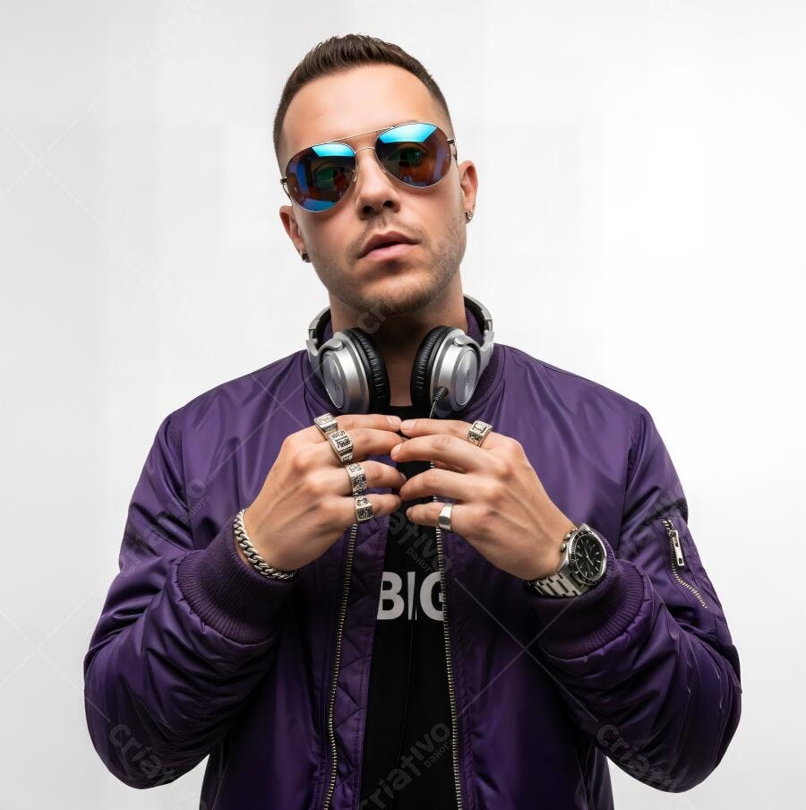 Homem jovem DJ com jaqueta roxa óculos espelhados e fones de ouvido