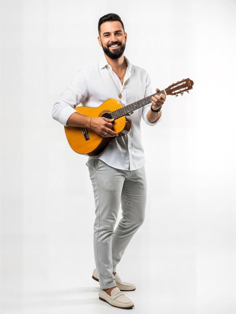 Homem guitarrista sorridente com violão de camisa branca em estúdio