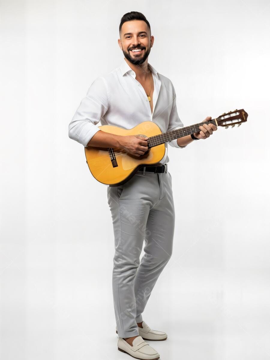 Músico homem sorrindo com barba tocando guitarra acústica em camisa branca e calça cinza