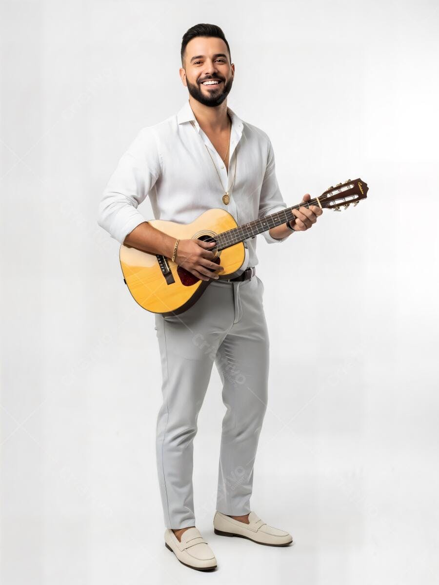 Homem músico sorrindo tocando violão em estúdio branco