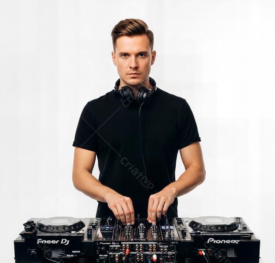 Homem DJ caucasiano em camiseta preta com fones de ouvido mixer