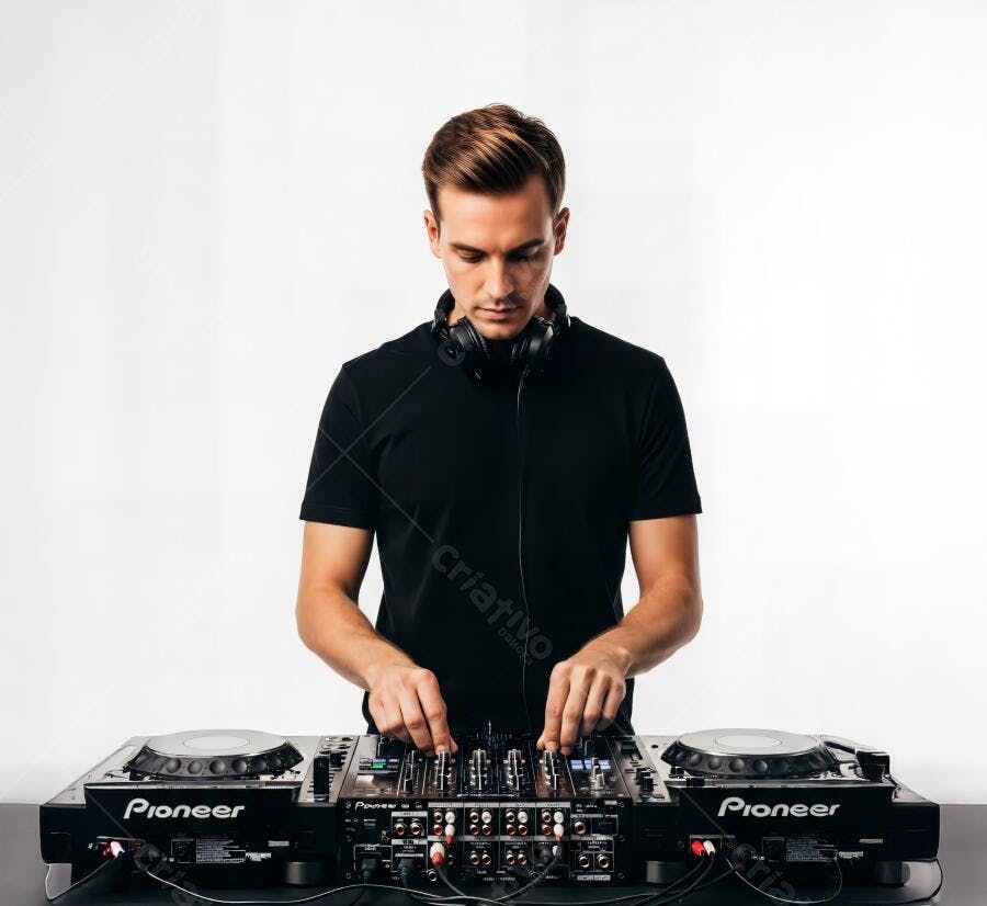 Homem DJ caucasiano concentrado mixando música com equipamento Pioneer em estúdio
