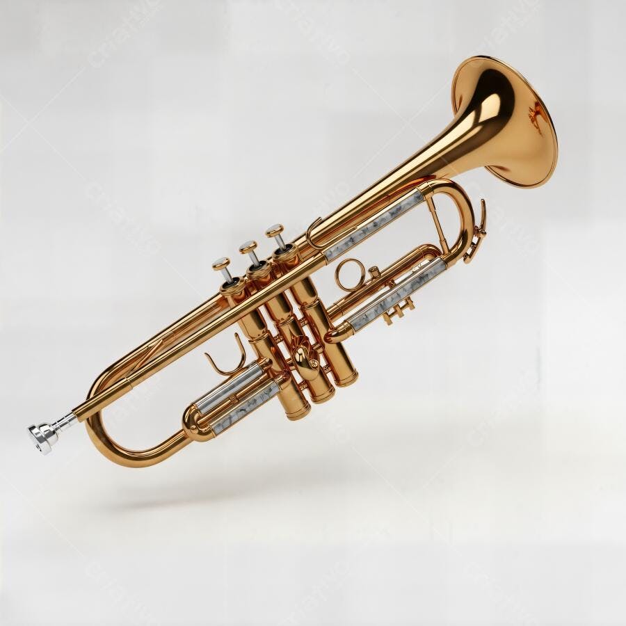 Trompete dourado brilhante instrumento musical clássico em estúdio branco