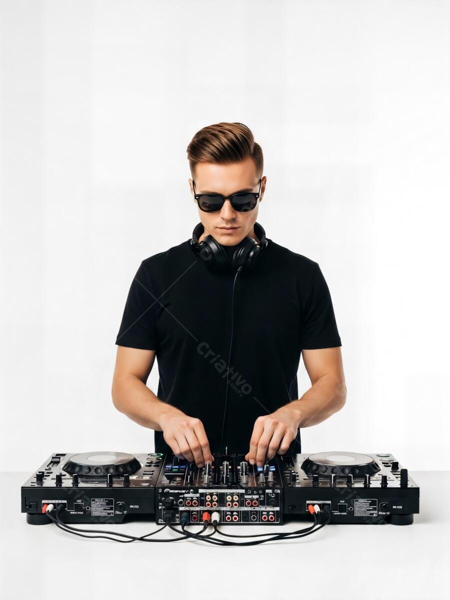 Jovem DJ branco com óculos e fones de ouvido operando mixer de som preto
