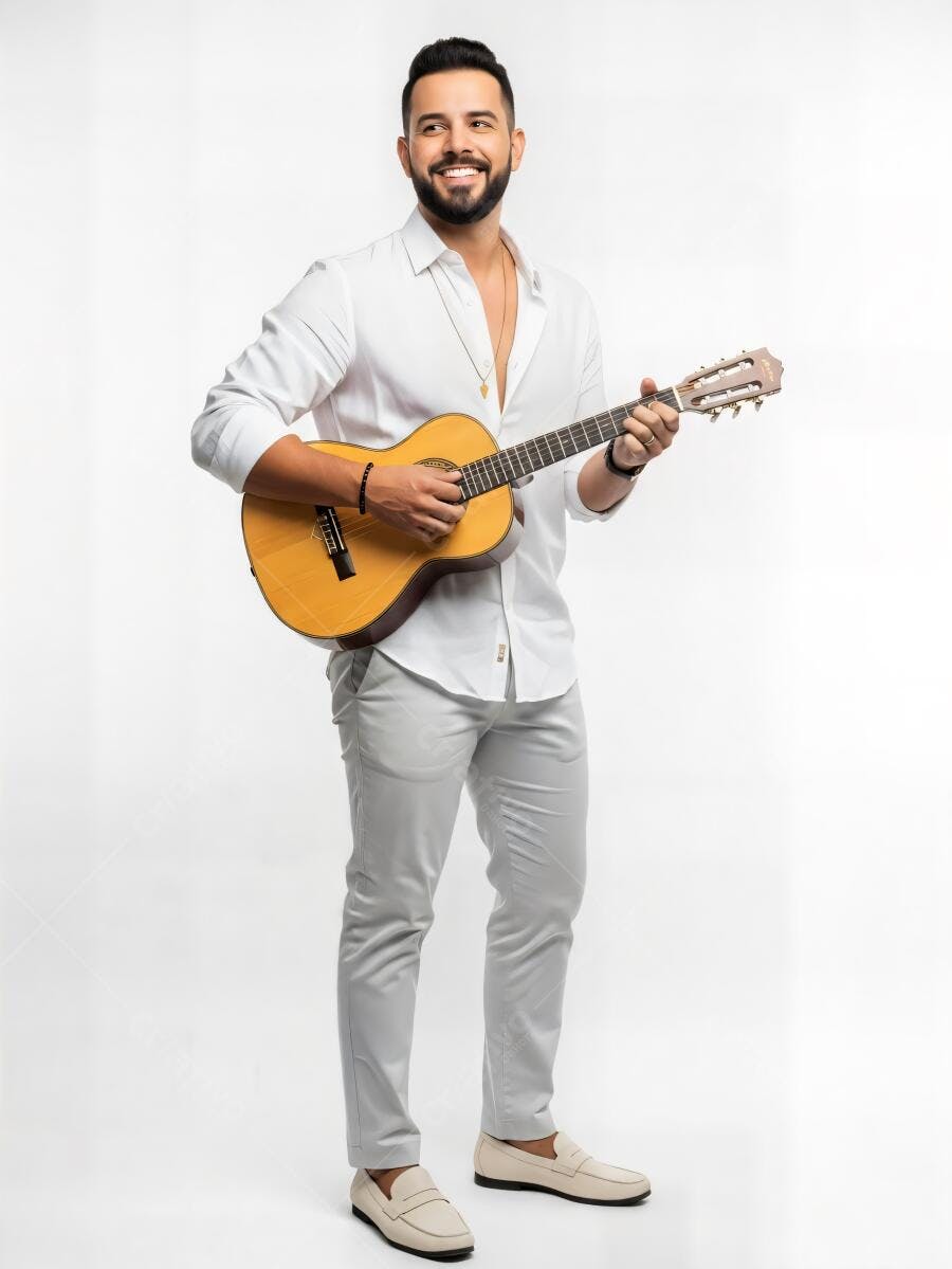 Jovem músico latino feliz tocando violão em estúdio branco