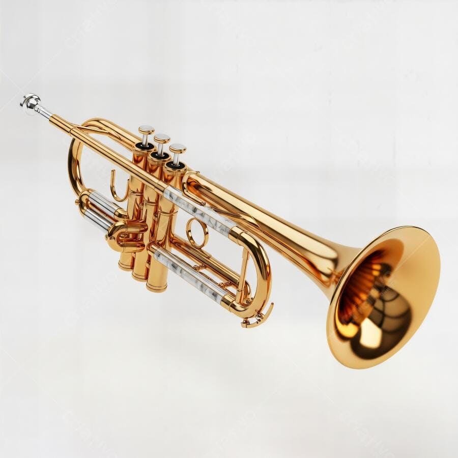Trompete dourado brilhante instrumento musical de sopro em estúdio branco