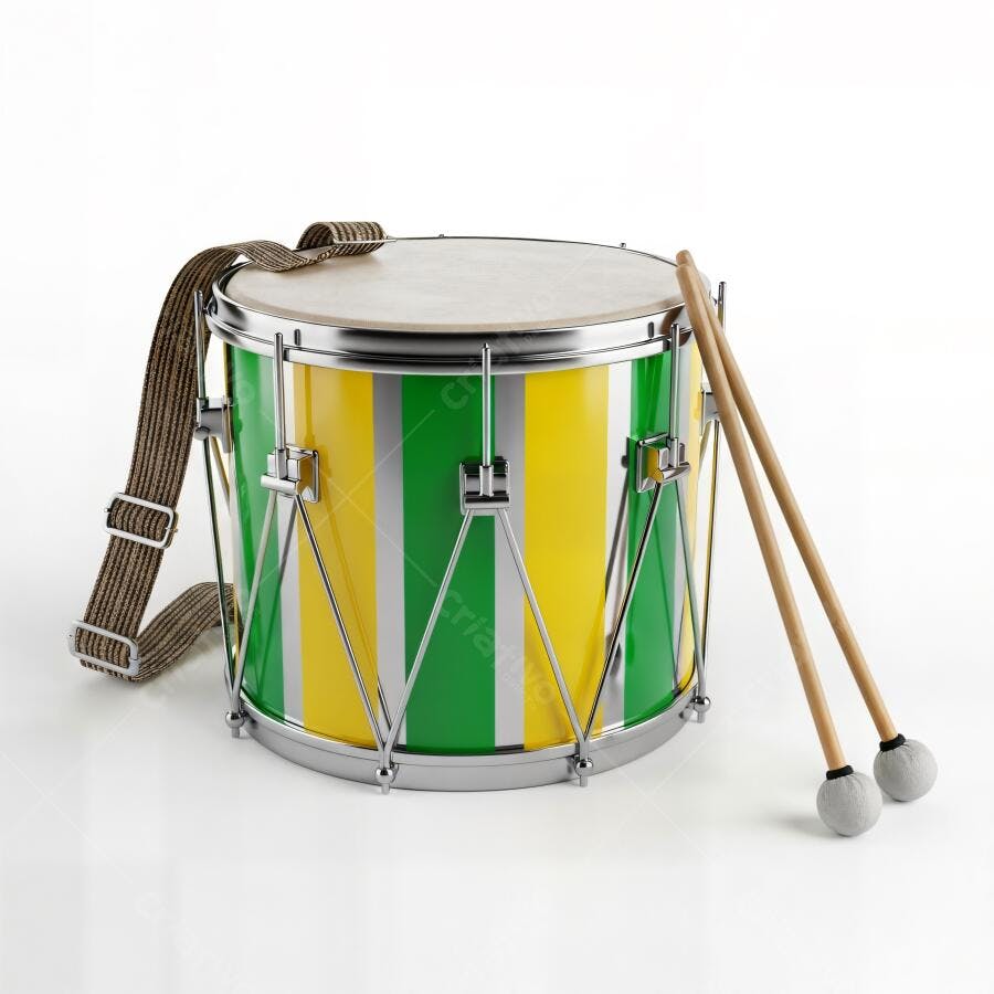 Caixa de guerra verde amarela com baquetas instrumento musical brasileiro