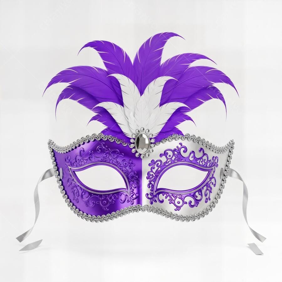 Máscara de carnaval roxa prateada com penas brancas e joia central