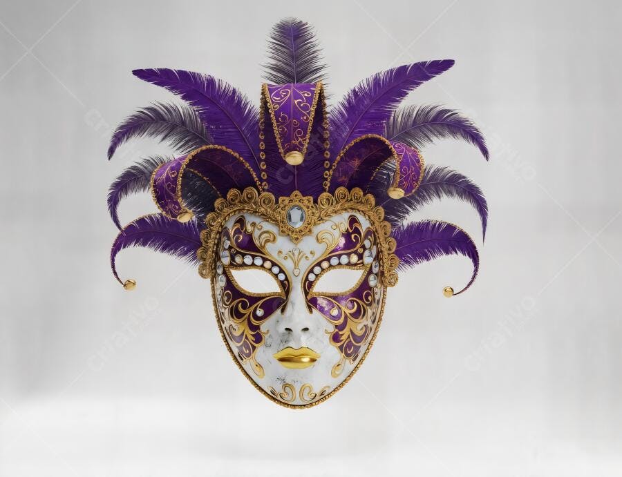 Máscara veneziana roxa e dourada com penas e joias para carnaval ou baile de máscaras