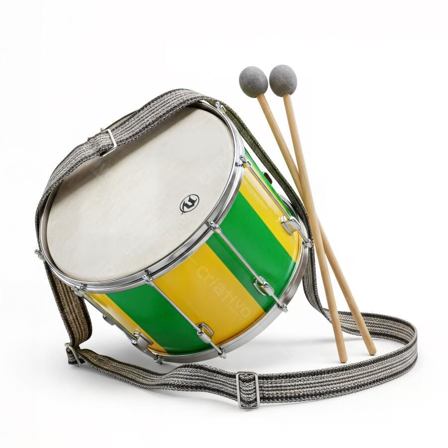 Percussão tambor verde e amarelo com baquetas estilo brasileiro isolado