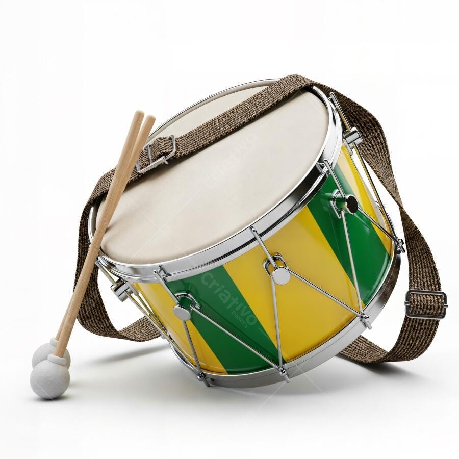 Tambor repinique verde e amarelo com baquetas instrumentais Brasil