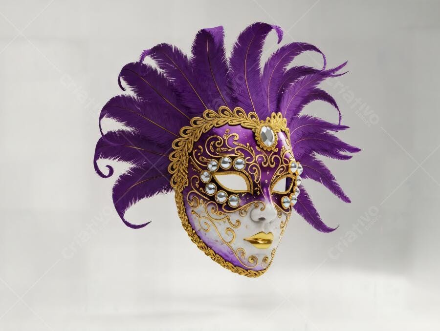 Máscara de Carnaval veneziana roxa e dourada com penas luxuosa em estúdio