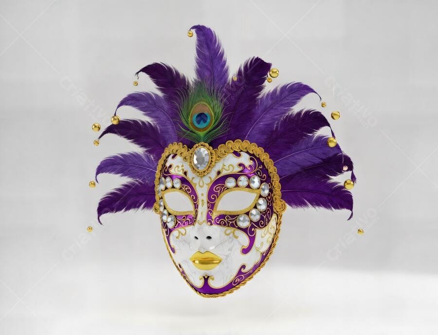 Máscara de carnaval veneziana luxuosa com penas roxas e ouro