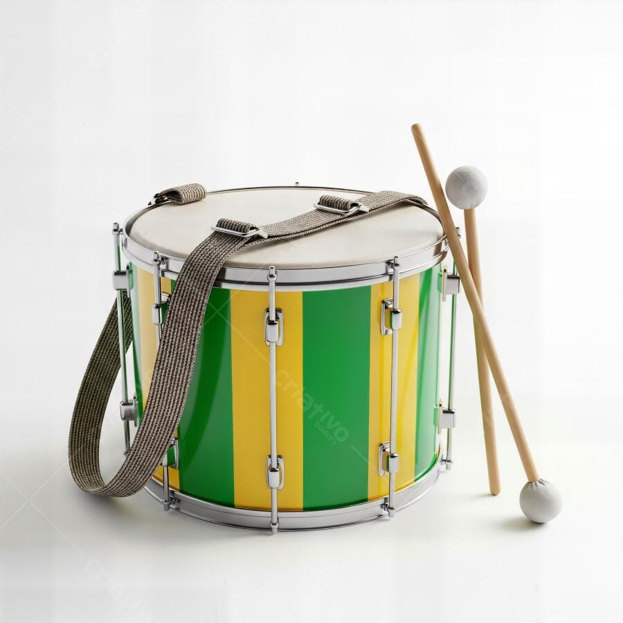 Tambor verde e amarelo com baquetas para celebração brasileira