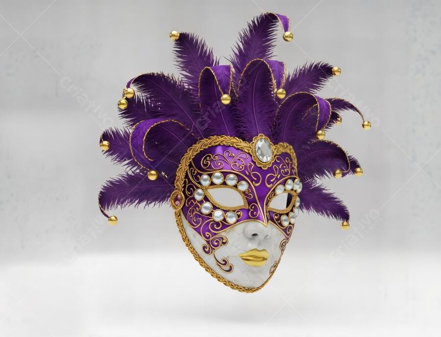Máscara de Carnaval veneziana roxa e dourada com penas e joias brilhantes
