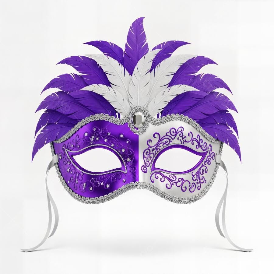 Máscara de Carnaval veneziana roxa e prata com plumas elegantes